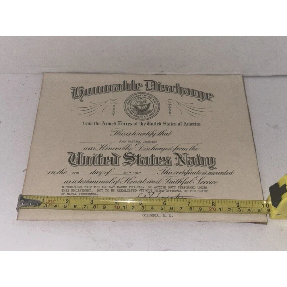 1963 Clemson Delta Kappa Alpha Certificate 1967 Navy Discharge Document Lot
